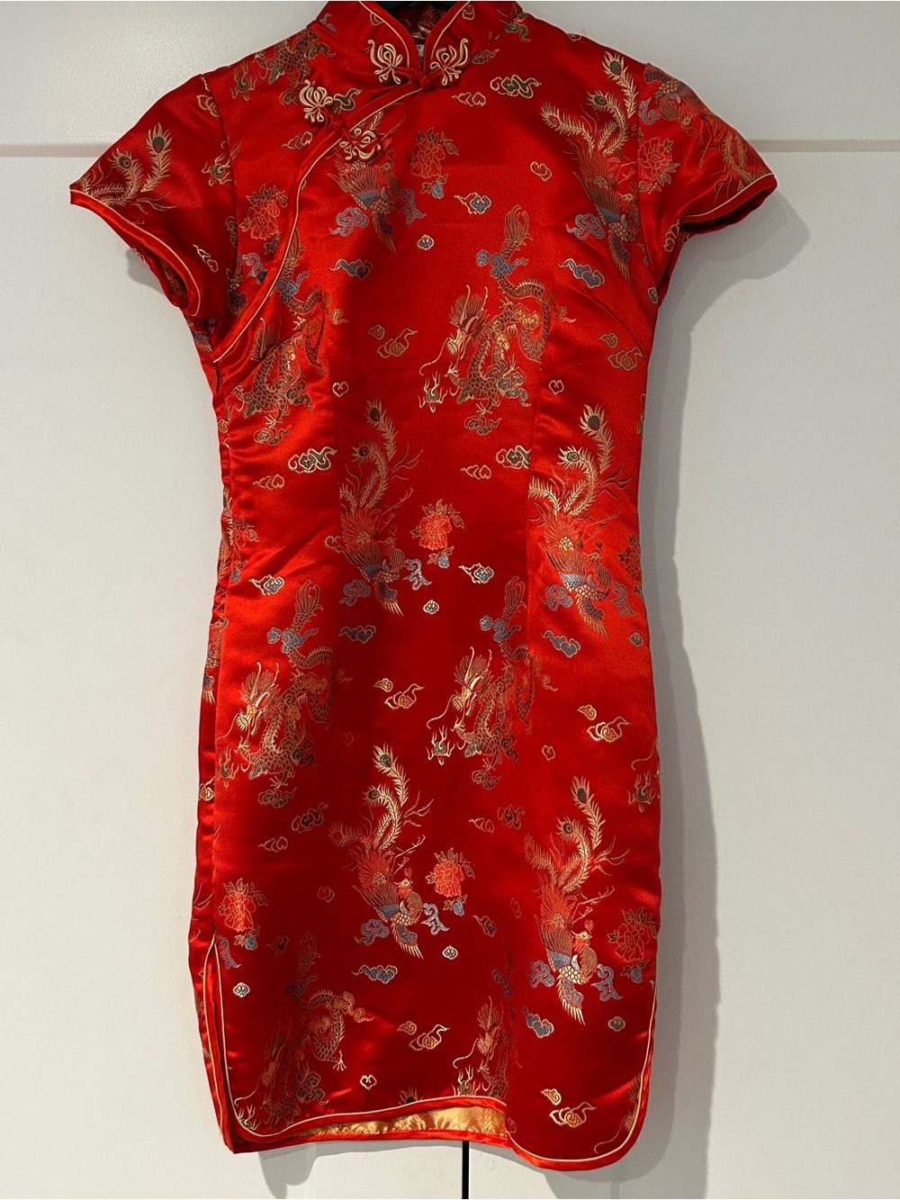 Red Satin Qipao Cheongsam Midi Dress with Gold Embroidery